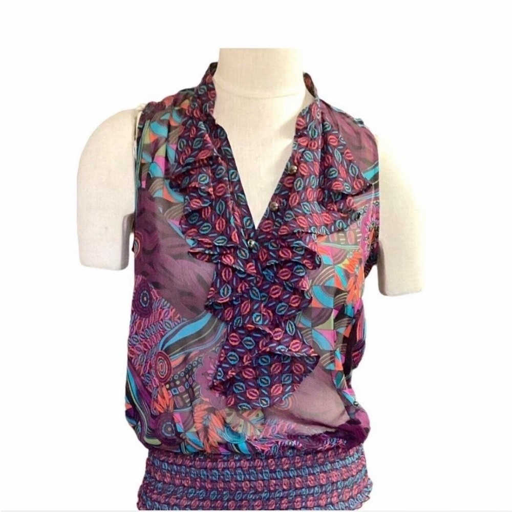 Bisou Bisou Purple Multicolor Ruffled V-Neck Printed Cami - Picture 1 of 8